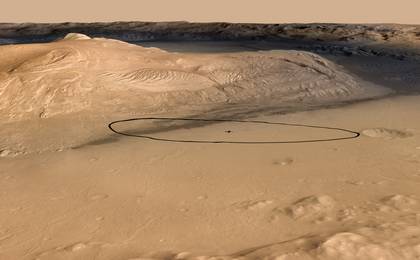 As of June 2012, the target landing area for Curiosity, the rover of NASA's Mars Science Laboratory mission, is the ellipse marked on this image. The ellipse is about 12 miles long and 4 miles wide (20 kilometers by 7 kilometers).