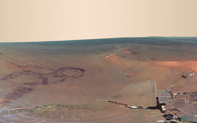 This full-circle scene combines 817 images taken by the panoramic camera (Pancam) on Opportunity.