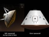 This set of artist's concepts shows NASA's Mars Science Laboratory cruise capsule and NASA's Orion spacecraft