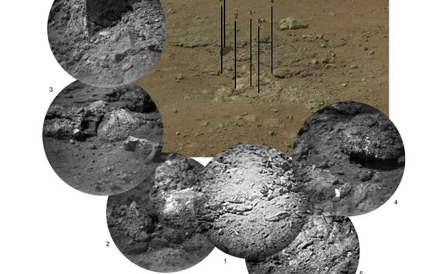 This photo mosaic shows the scour mark, dubbed Goulburn, left by the thrusters on the sky crane that helped lower NASA's Curiosity rover to the Red Planet.