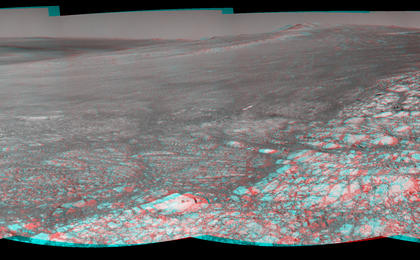 This 360-degree stereo panorama assembled from images taken by the navigation camera on NASA's Mars Exporation Rover Opportunity shows terrain surrounding the position where the rover spent its 3,000th Martian day, or sol, working on Mars (July 2, 2012).
