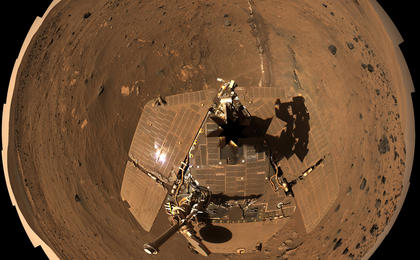 This self-portrait of NASA's Mars Exploration Rover Spirit is a polar projection of the 360-degree "McMurdo" panorama made from images taken by Spirit's panoramic camera (Pancam).