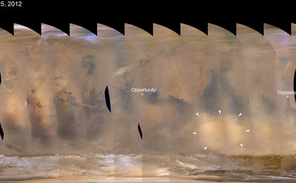 A regional dust storm visible in the southern hemisphere of Mars in this nearly global mosaic of observations made by the Mars Color Imager on NASA's Mars Reconnaissance Orbiter on Nov. 25, 2012.