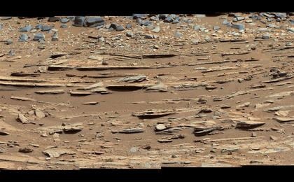 The "Shaler" outcrop is dramatically layered, as seen in this mosaic of telephoto images from the right Mast Camera (Mastcam) on NASA's Mars rover Curiosity.