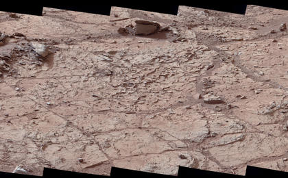 This wide view of the "John Klein" location selected for the first rock drilling by NASA's Mars rover Curiosity is a mosaic taken by Curiosity's right Mast Camera (Mastcam) during the afternoon of the 153rd Martian day, or sol, of the rover's work on Mars.