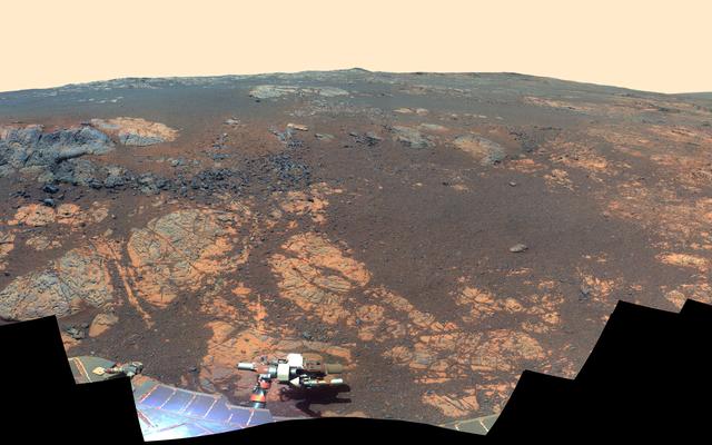 As NASA's Mars Exploration Rover Opportunity neared the ninth anniversary of its landing on Mars, the rover was working in the 'Matijevic Hill' area seen in this view from Opportunity's panoramic camera (Pancam).