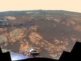 As NASA's Mars Exploration Rover Opportunity neared the ninth anniversary of its landing on Mars, the rover was working in the 'Matijevic Hill' area seen in this view from Opportunity's panoramic camera (Pancam).