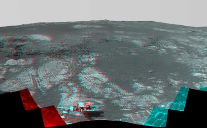 As NASA's Mars Exploration Rover Opportunity neared the ninth anniversary of its landing on Mars, the rover was working in the 'Matijevic Hill' area seen in this stereo view from Opportunity's panoramic camera (Pancam).