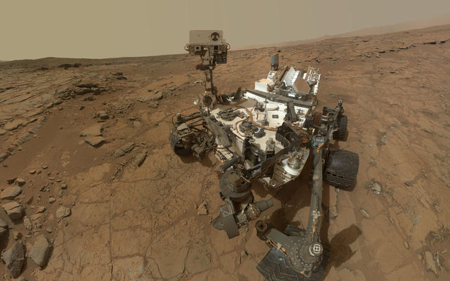 This rectangular version of a self-portrait of NASA's Mars rover Curiosity  combines dozens of exposures taken by the rover's Mars Hand Lens Imager (MAHLI) during the 177th Martian day, or sol, of Curiosity's work on Mars (Feb. 3, 2013).