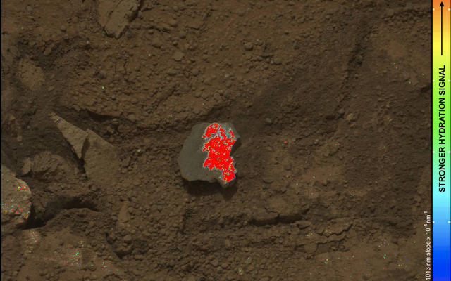 On this image of the broken rock called "Tintina," color coding maps the amount of mineral hydration indicated by a ratio of near-infrared reflectance intensities measured by the Mast Camera (Mastcam) on NASA's Mars rover Curiosity.
