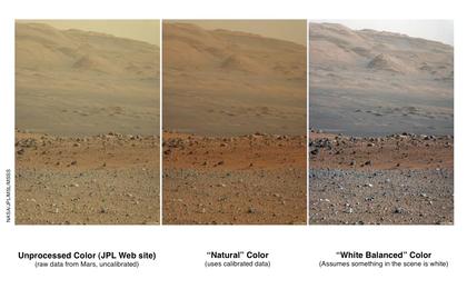 These three versions of the same image taken by the Mast Camera (Mastcam) on NASA's Mars rover Curiosity illustrate different choices that scientists can make in presenting the colors recorded by the camera.