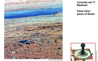 This image of terrain inside Mars' Gale Crater and the inset of the calibration target for the Mast Camera (Mastcam) on NASA's Mars rover Curiosity illustrate how false color can be used to make differences more evident in the materials in the scene.
