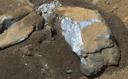 The Mast Camera (Mastcam) on NASA's Mars rover Curiosity showed researchers interesting internal color in this rock called "Sutton_Inlier," which was broken by the rover driving over it.