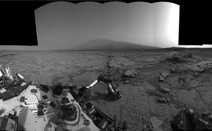 This left-eye member of a stereo pair of images from the Navigation Camera (Navcam) on NASA's Curiosity Mars rover shows a full 360-degree view of the rover's surroundings at the site where it first drilled into a rock.