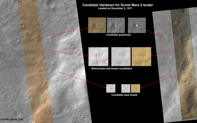 This set of images shows what might be hardware from the Soviet Union's 1971 Mars 3 lander, seen in a pair of images from the High Resolution Imaging Science Experiment (HiRISE) camera on NASA's Mars Reconnaissance Orbiter.