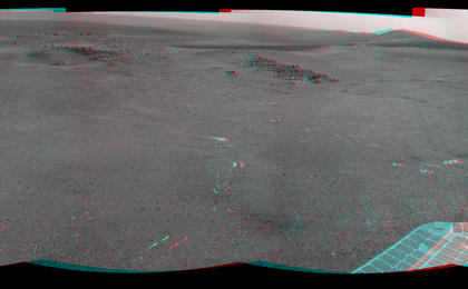 NASA's Mars Exploration Rover Opportunity used its navigation camera (Navcam) to record this stereo view of a rise called "Nobbys Head" during a stop on a multi-week southward drive between two raised segments of the west rim of Endeavour Crater.