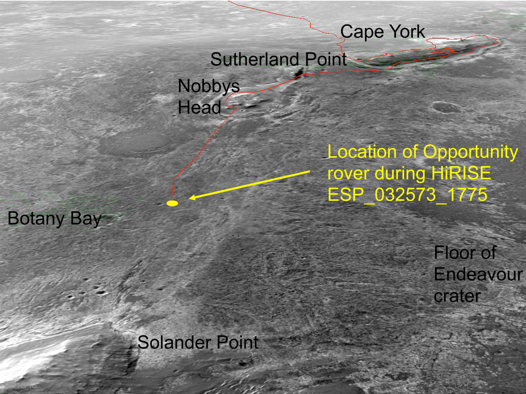 An oblique, northward-looking view based on stereo orbital imaging, shows the location of Opportunity on its journey from Cape York to Solander Point when HiRISE took the new color image.