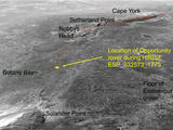 An oblique, northward-looking view based on stereo orbital imaging, shows the location of Opportunity on its journey from Cape York to Solander Point when HiRISE took the new color image.