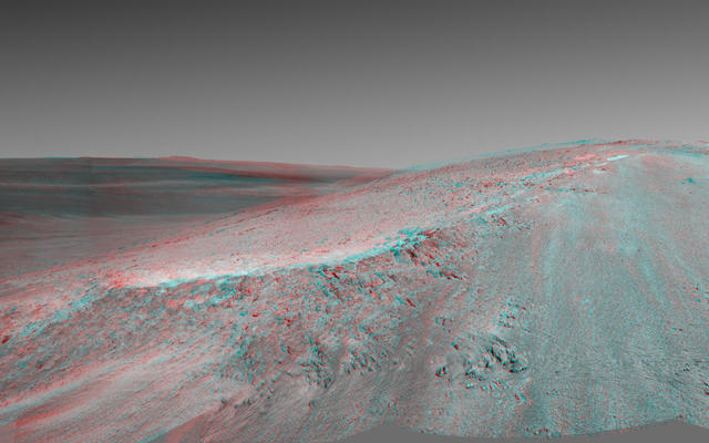This stereo view shows the "Murray Ridge" portion of the western rim of Endeavour Crater on Mars.