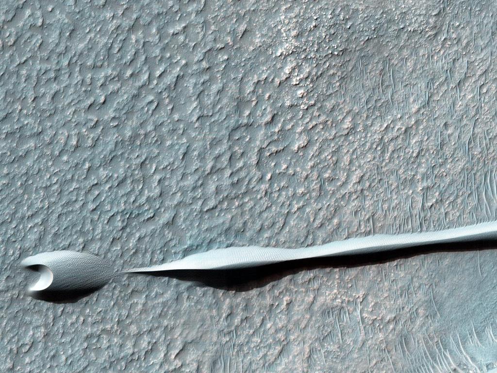 Sand dunes such as those seen in this image have been observed to creep slowly across the surface of Mars through the action of the wind.