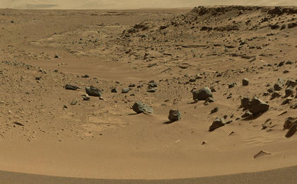 This view combines several frames taken by the Mast Camera (Mastcam) on NASA's Mars rover Curiosity, looking into a valley to the west from the eastern side of a dune at the eastern end of the valley.
