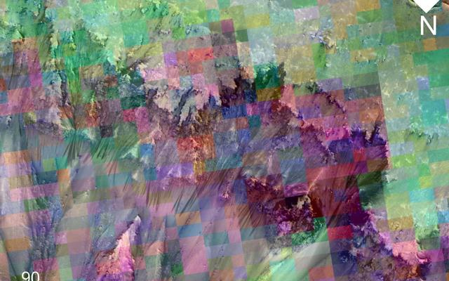 This image combines a photograph of seasonal dark flows on a Martian slope with a grid of colors based on data collected by a mineral-mapping spectrometer observing the same area.