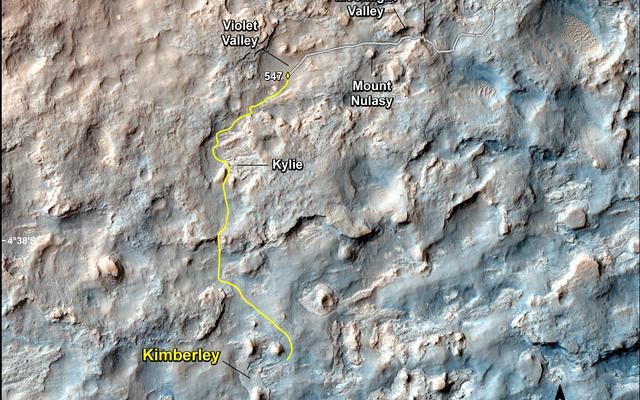 This map shows the route driven and route planned for NASA's Curiosity Mars rover from before reaching "Dingo Gap."