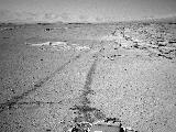 NASA's Curiosity Mars rover used its Navigation Camera (Navcam) for this look back after finishing a long drive on Feb. 19, 2014. The rows of rocks just to the right of the fresh wheel tracks in this view are an outcrop called "Junda."  This view is looking toward the east-northeast.