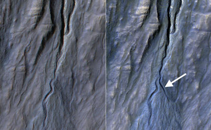 This pair of before (left) and after (right) images from the High Resolution Imaging Science Experiment (HiRISE) camera on NASA's Mars Reconnaissance Orbiter documents formation of a new channel on a Martian slope between 2010 and 2013, likely resulting from activity of carbon-dioxide frost.