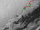 This map shows in red the route driven by NASA's Curiosity Mars rover from the "Bradbury Landing" location where it landed in August 2012 to nearly the completion of its first Martian year. The white line shows the planned route ahead. The rover's June 18, 2014, location is marked as 663.