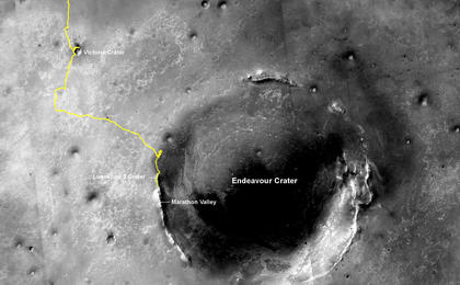 NASA's Mars Exploration Rover Opportunity, working on Mars since January 2004, passed 25 miles of total driving on the July 27, 2014. The gold line on this map shows Opportunity's route from the landing site inside Eagle Crater, in upper left, to its location after the July 27 (Sol 3735) drive.