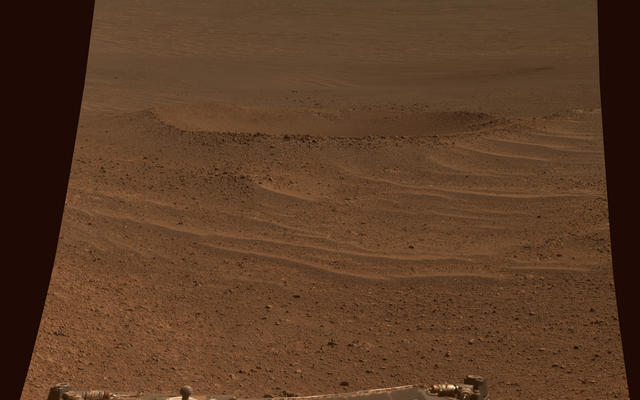 This scene from NASA's Mars Exploration Rover Opportunity shows "Lunokhod 2 Crater," which lies south of "Solander Point" on the west rim of Endeavour Crater.
