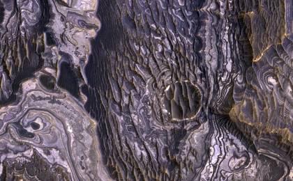 bright layered deposits on a plateau near Juventae Chasma in the Valles Marineris region of Mars