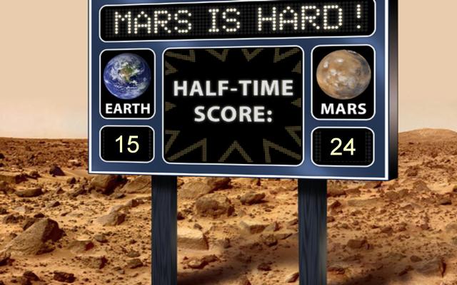 This artist's scoreboard displays a fictional game between Mars and Earth, with Mars in the lead. It refers to the success rate of sending missions to Mars, both as orbiters and landers.