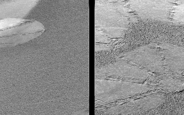 The circular shapes seen on the martian surface in these images are "footprints" left by Opportunity's airbags during landing as the spacecraft gently rolled to a stop.