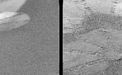 The circular shapes seen on the martian surface in these images are "footprints" left by Opportunity's airbags during landing as the spacecraft gently rolled to a stop.