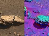 The color image on the left was taken by the panoramic camera onboard the Mars Exploration Rover Opportunity shows the part of the rock outcrop dubbed Stone Mountain at Meridiani Planum, Mars.