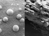 The left image shows an extreme close-up of round, blueberry-shaped formations in the martian soil near a part of the rock outcrop at Meridiani Planum called Stone Mountain.