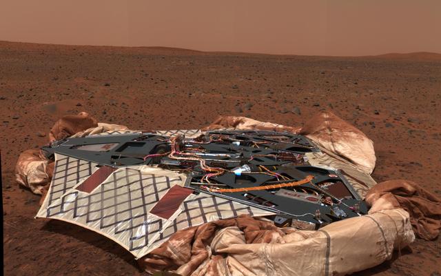 This image shows the Spirit rover's landing site, the Columbia Memorial Station, at Gusev Crater, Mars.