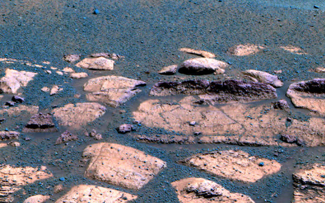 This false color image suggests that the plains beyond the small crater where the Mars Exploration Rover Opportunity now sits are littered with the same dark grey material found inside the crater in the form of spherules or "blueberries."