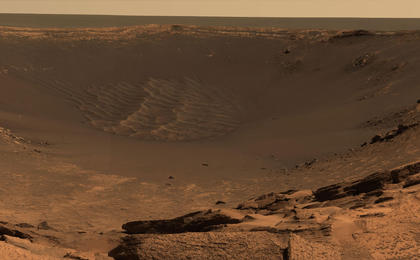 This 360-degree panorama shows "Endurance Crater" and the surrounding plains of Meridiani Planum.