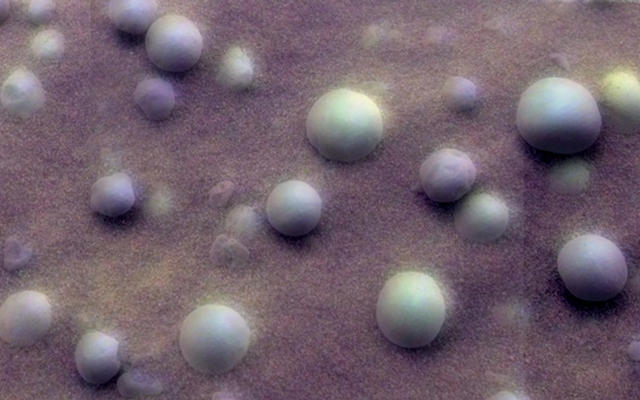 This mosaic image shows an extreme close-up of round, blueberry-shaped formations in the martian soil near a part of the rock outcrop at Meridiani Planum called Stone Mountain