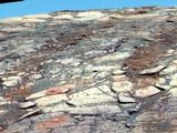 This view from the Mars Exploration Rover Opportunity's panoramic camera is a false-color composite rendering of the first seven holes that the rover's rock abrasion tool dug on the inner slope of "Endurance Crater."