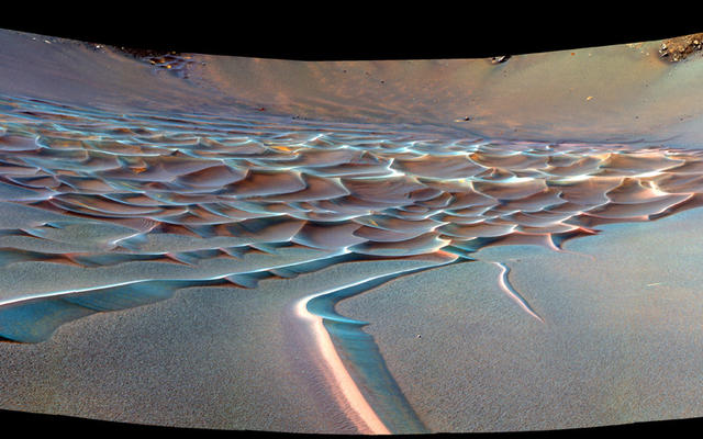 As Opportunity crept farther into "Endurance Crater," the dune field on the crater floor appears even more dramatic, as seen in this false-color image.