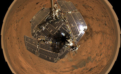This bird's-eye view combines a self-portrait of the spacecraft deck and a panoramic mosaic of the Martian surface as viewed by the Spirit rover.