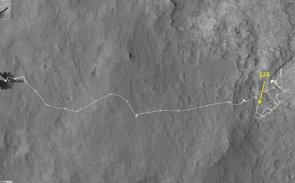 This map shows the route driven by NASA's Mars rover Curiosity through the 324 Martian day, or sol, of the rover's mission on Mars (July 4, 2013).