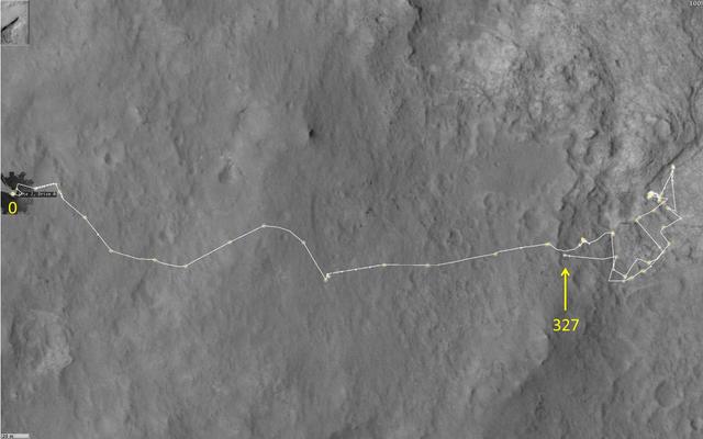 This map shows the route driven by NASA's Mars rover Curiosity through the 327 Martian day, or sol, of the rover's mission on Mars (July 8, 2013).