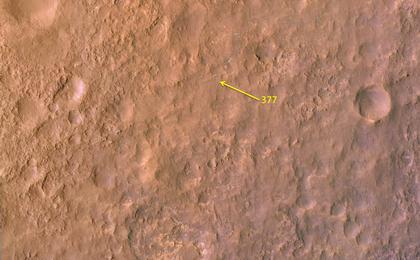This map shows the route driven by NASA's Mars rover Curiosity through the 377 Martian day, or sol, of the rover's mission on Mars (August 28, 2013).