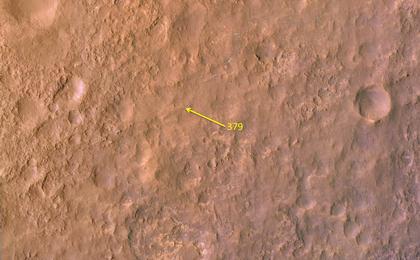 This map shows the route driven by NASA's Mars rover Curiosity through the 379 Martian day, or sol, of the rover's mission on Mars (August 30, 2013).