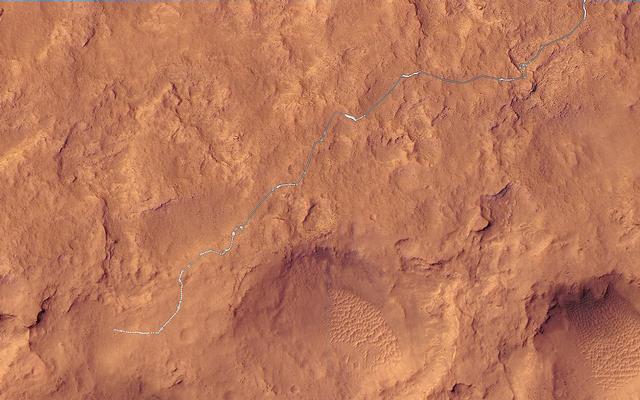 This map shows the route driven by NASA's Mars rover Curiosity through the 519 Martian day, or sol, of the rover's mission on Mars (January 21, 2014).